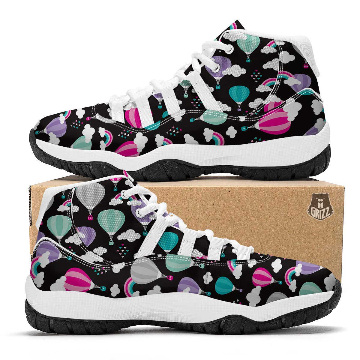 Black Hot Air Balloon Pattern Print White Bball Shoes-grizzshop