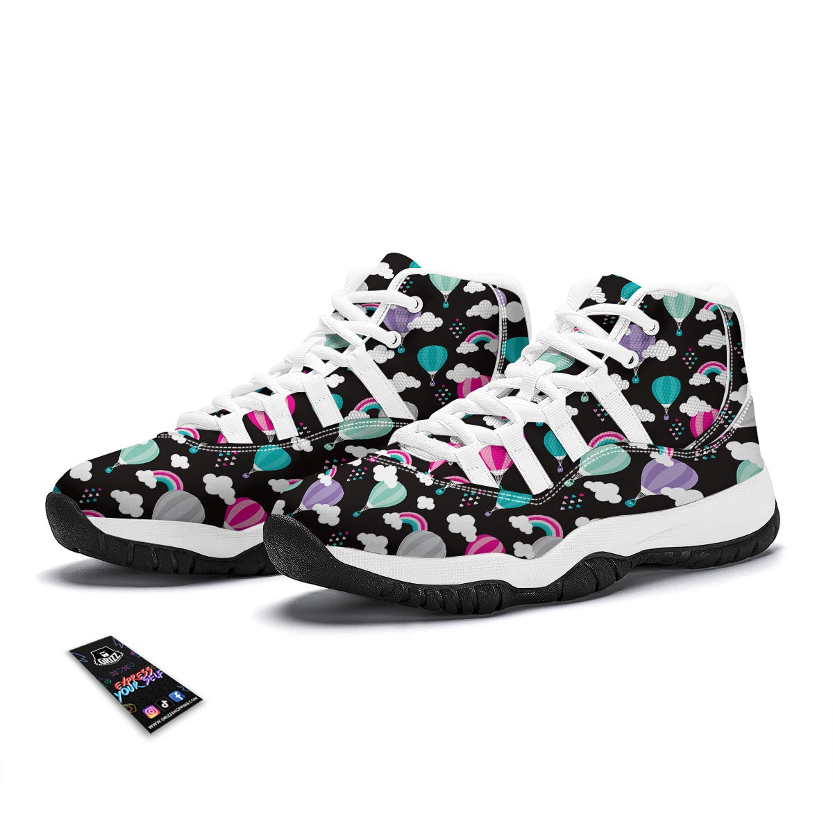 Black Hot Air Balloon Pattern Print White Bball Shoes-grizzshop
