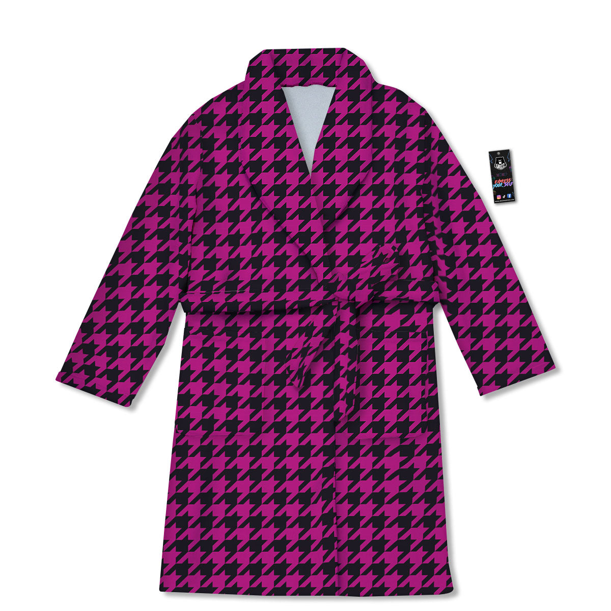 Black Houndstooth And Hot Pink Print Bathrobe-grizzshop