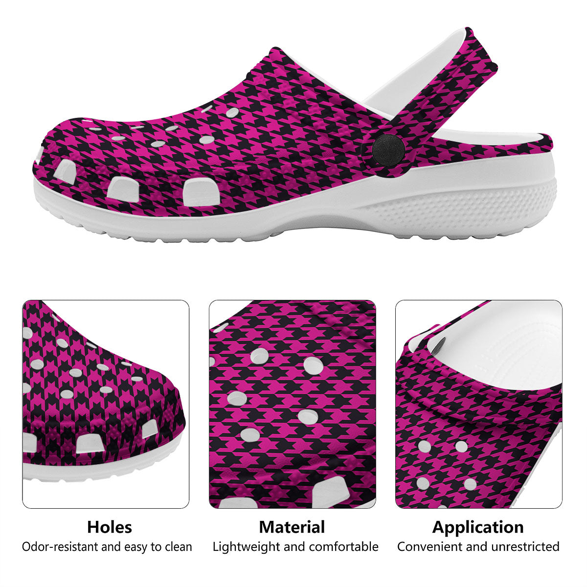 Black Houndstooth And Hot Pink Print Clog-grizzshop