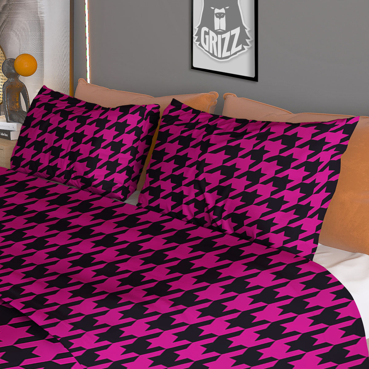 Black Houndstooth And Hot Pink Print Duvet Cover Bedding Set