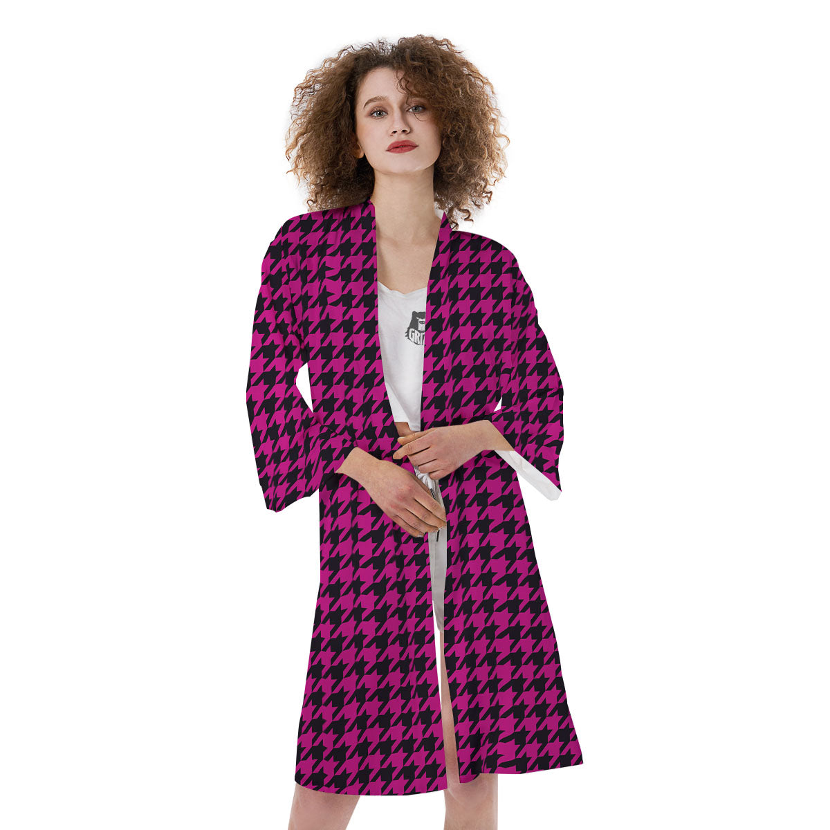 Black Houndstooth And Hot Pink Print Kimono-grizzshop