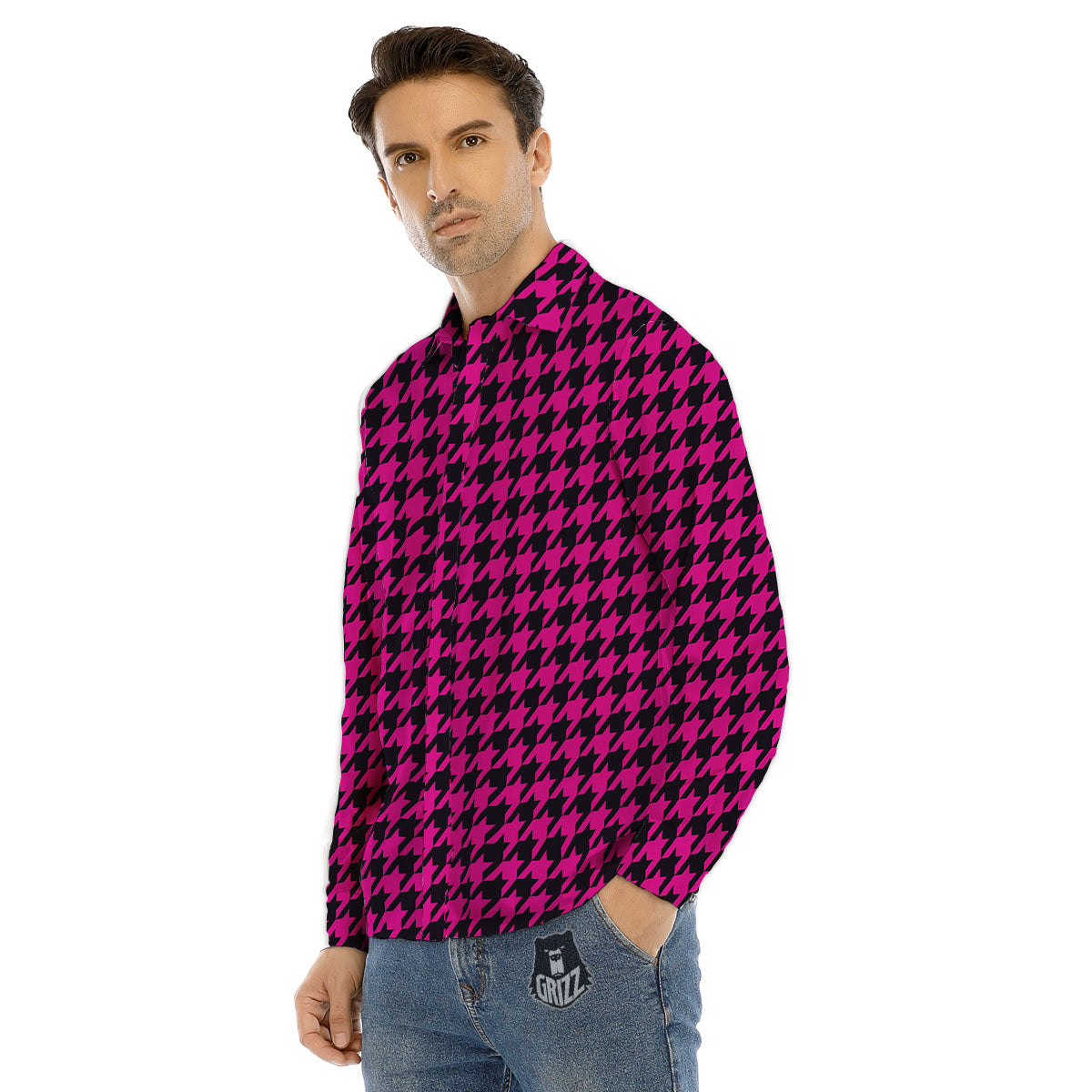 Black Houndstooth And Hot Pink Print Men's Dress Shirts-grizzshop