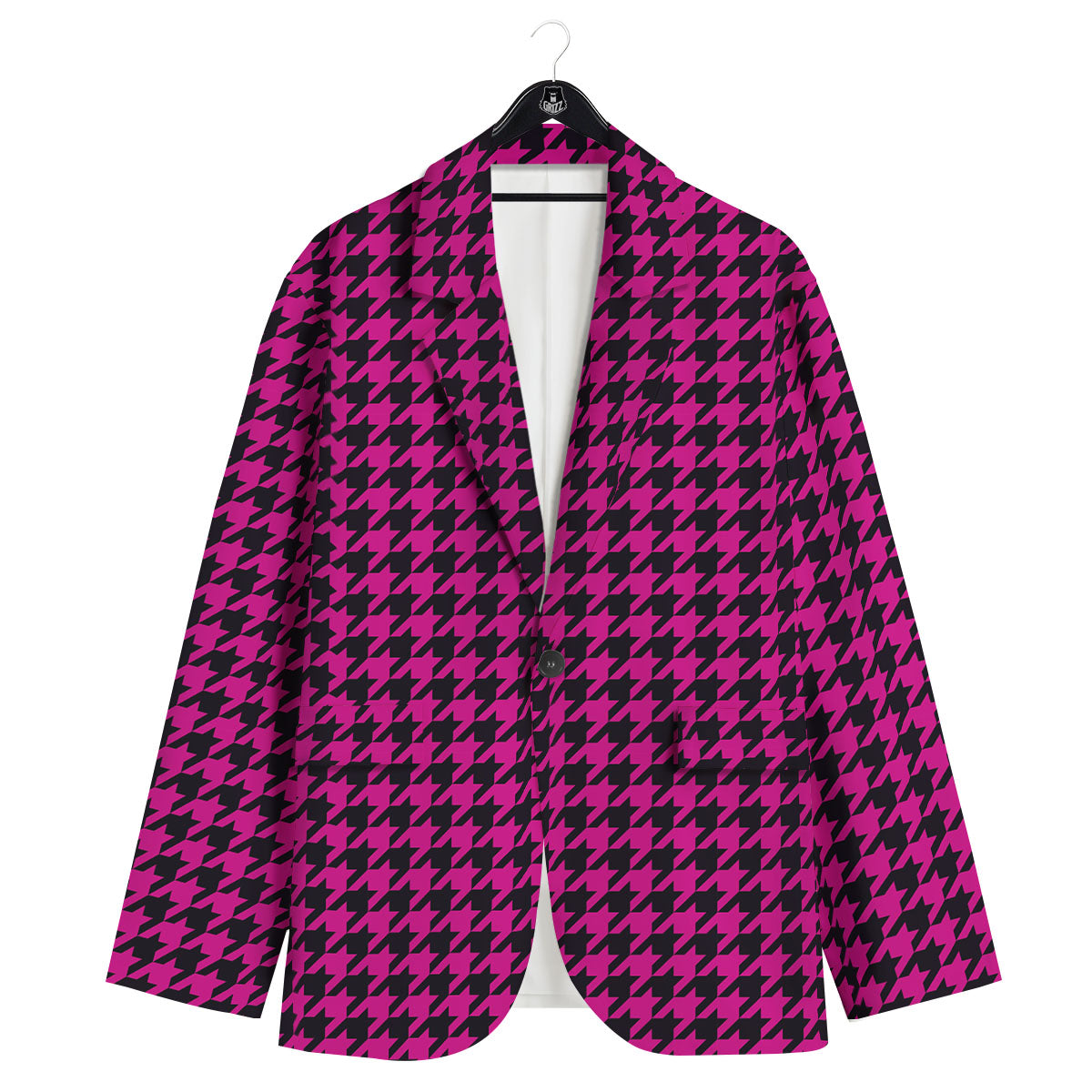 Black Houndstooth And Hot Pink Print Men's Sport Coat-grizzshop