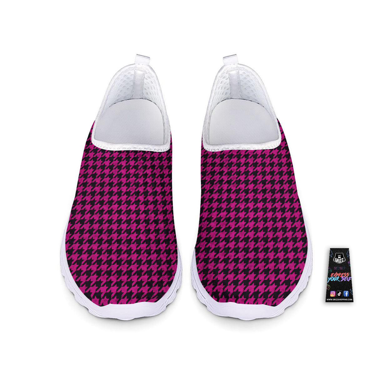 Black Houndstooth And Hot Pink Print Nurse Shoes-grizzshop