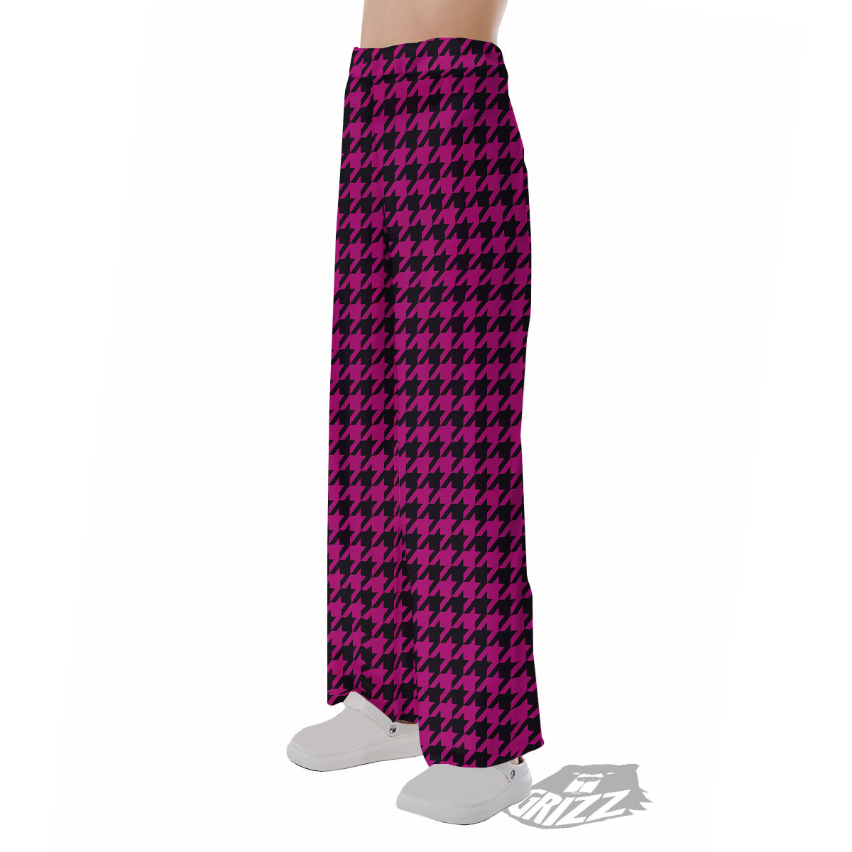 Black Houndstooth And Hot Pink Print Pajama Pants-grizzshop