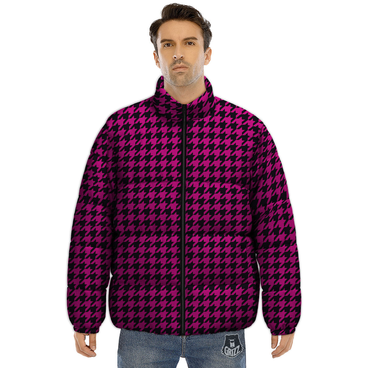 Black Houndstooth And Hot Pink Print Puffer Jacket-grizzshop