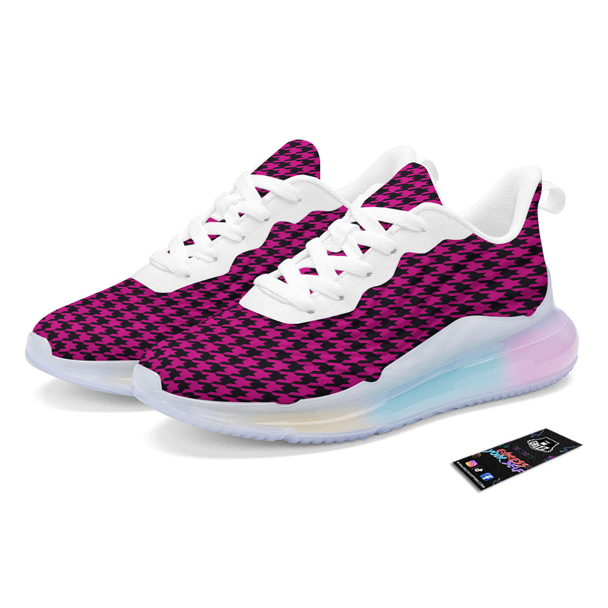 Black Houndstooth And Hot Pink Print Running Sneakers-grizzshop