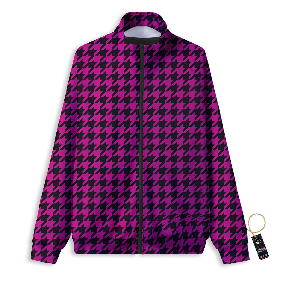 Black Houndstooth And Hot Pink Print Track Jacket-grizzshop