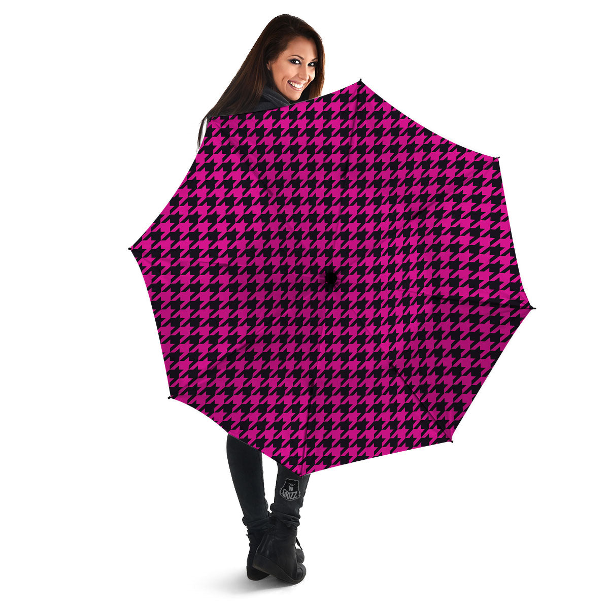 Black Houndstooth And Hot Pink Print Umbrella-grizzshop