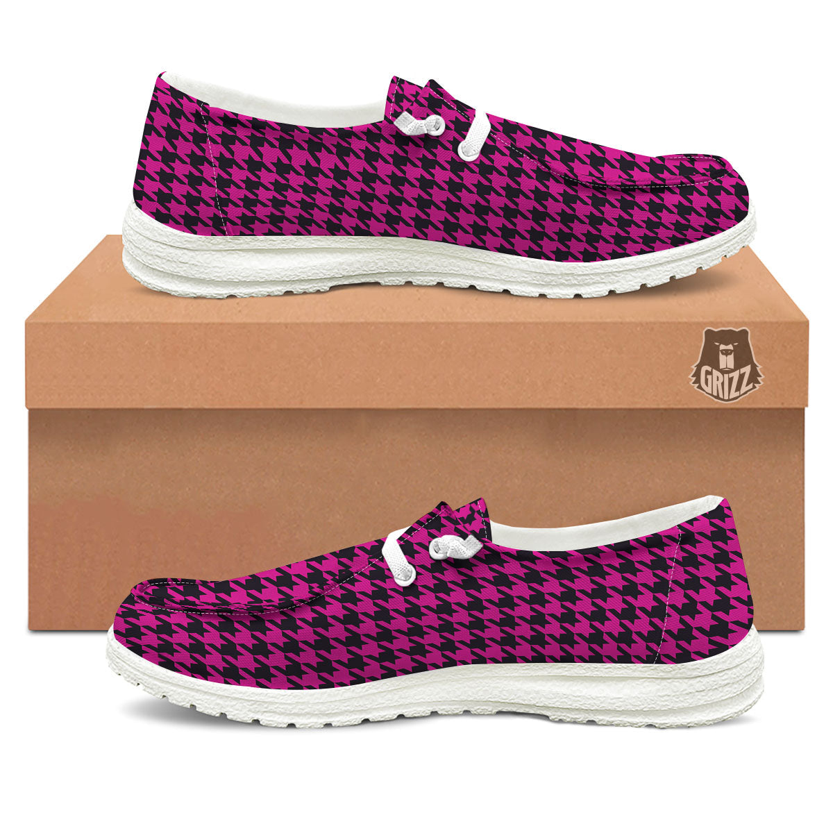 Black Houndstooth And Hot Pink Print White Loafers-grizzshop