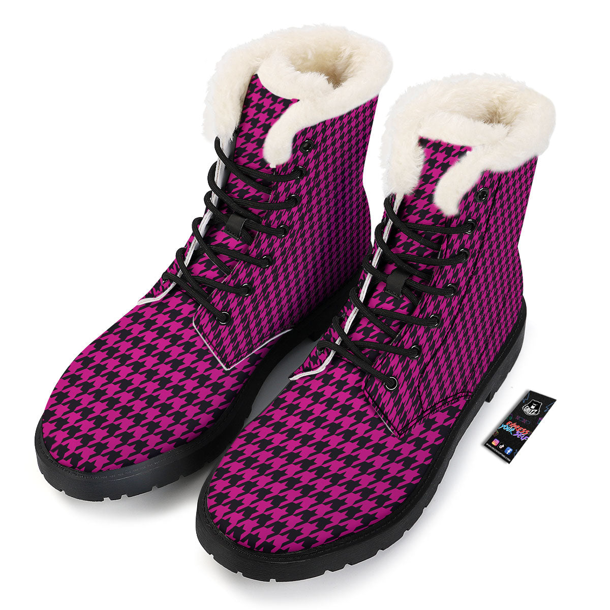 Black Houndstooth And Hot Pink Print Winter Boots-grizzshop