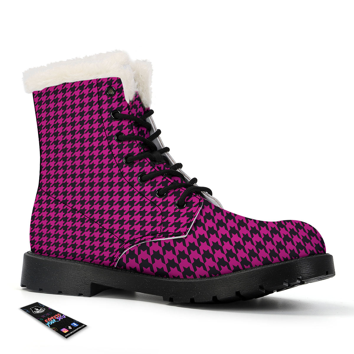 Black Houndstooth And Hot Pink Print Winter Boots-grizzshop