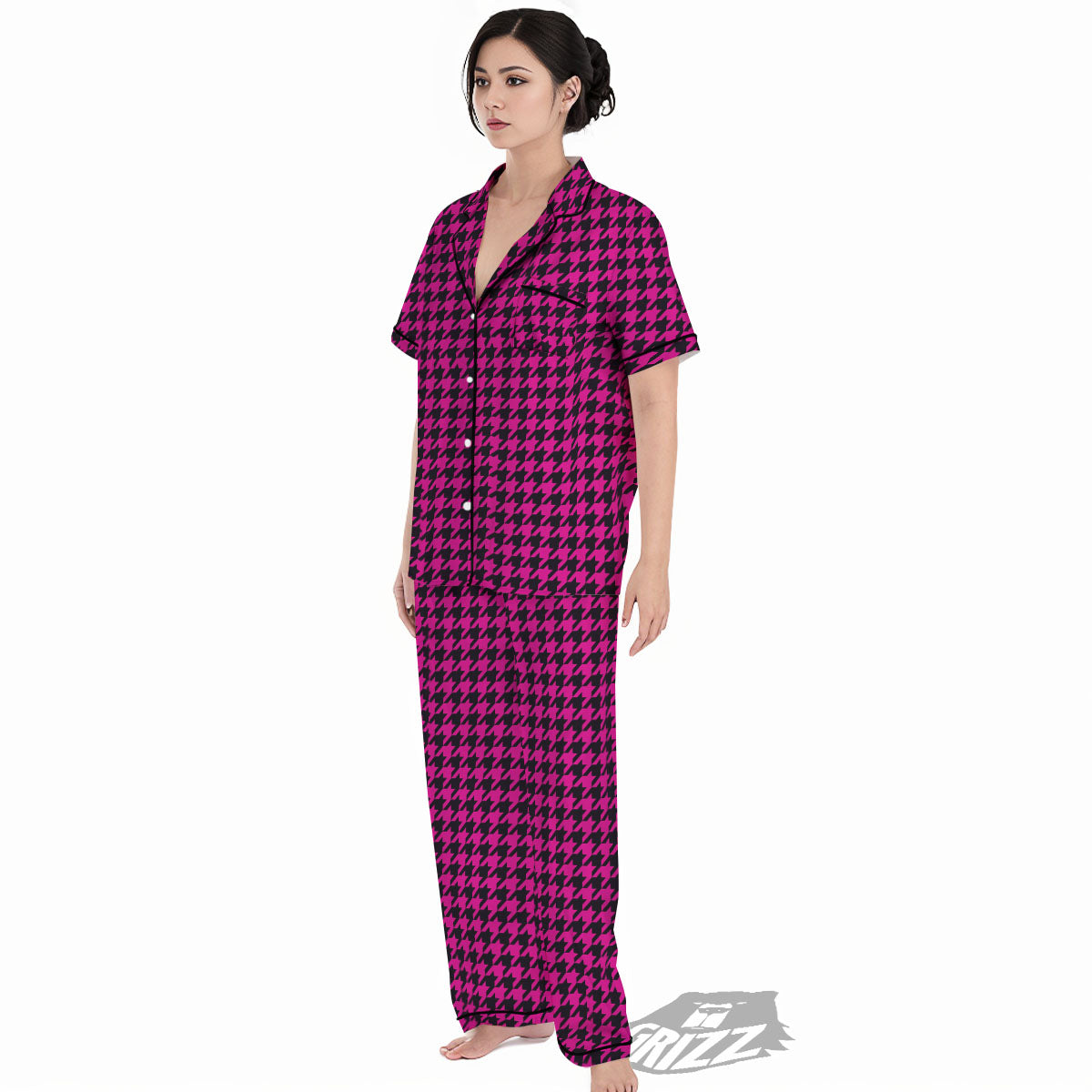Black Houndstooth And Hot Pink Print Women's Pajamas Set-grizzshop