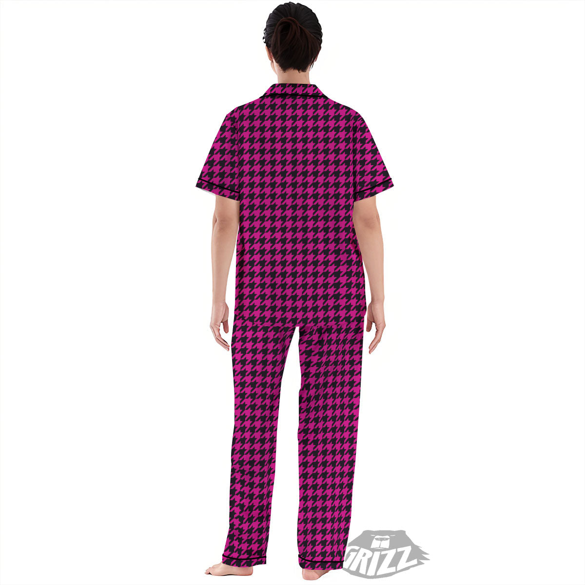 Black Houndstooth And Hot Pink Print Women's Pajamas Set-grizzshop