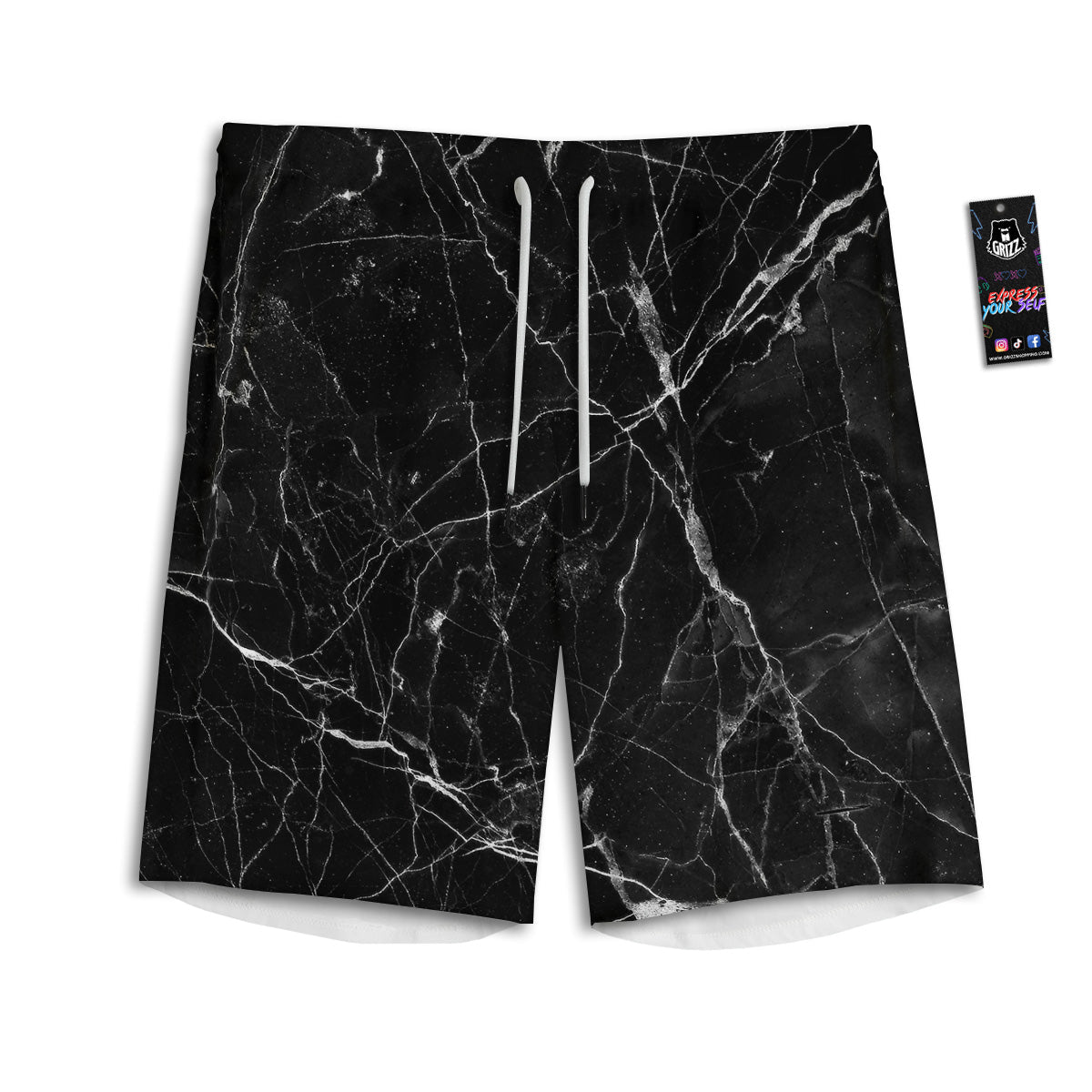 Black Marble White Grunge Print Men's Athletic Shorts