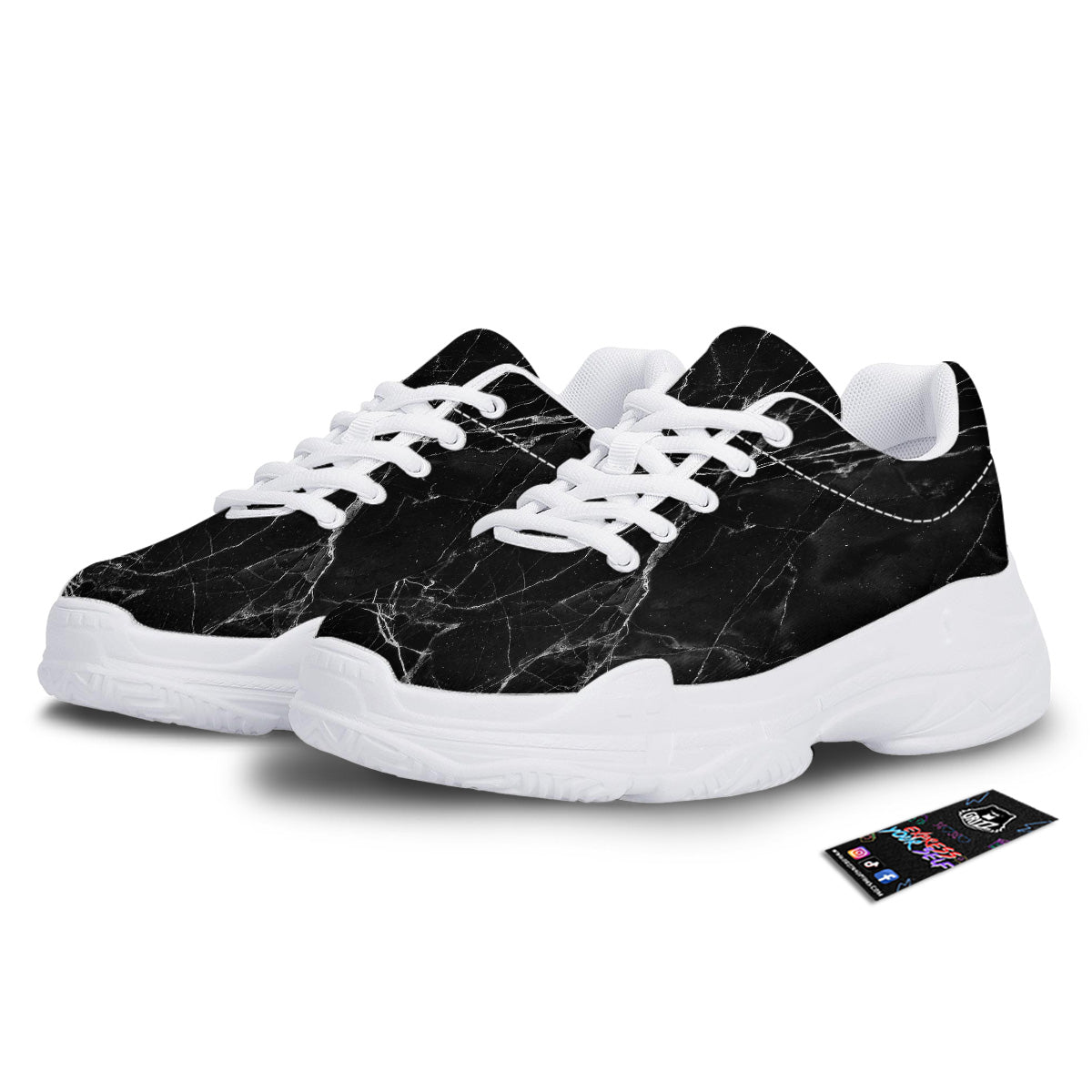 Black Marble White Grunge Print White Chunky Shoes-grizzshop