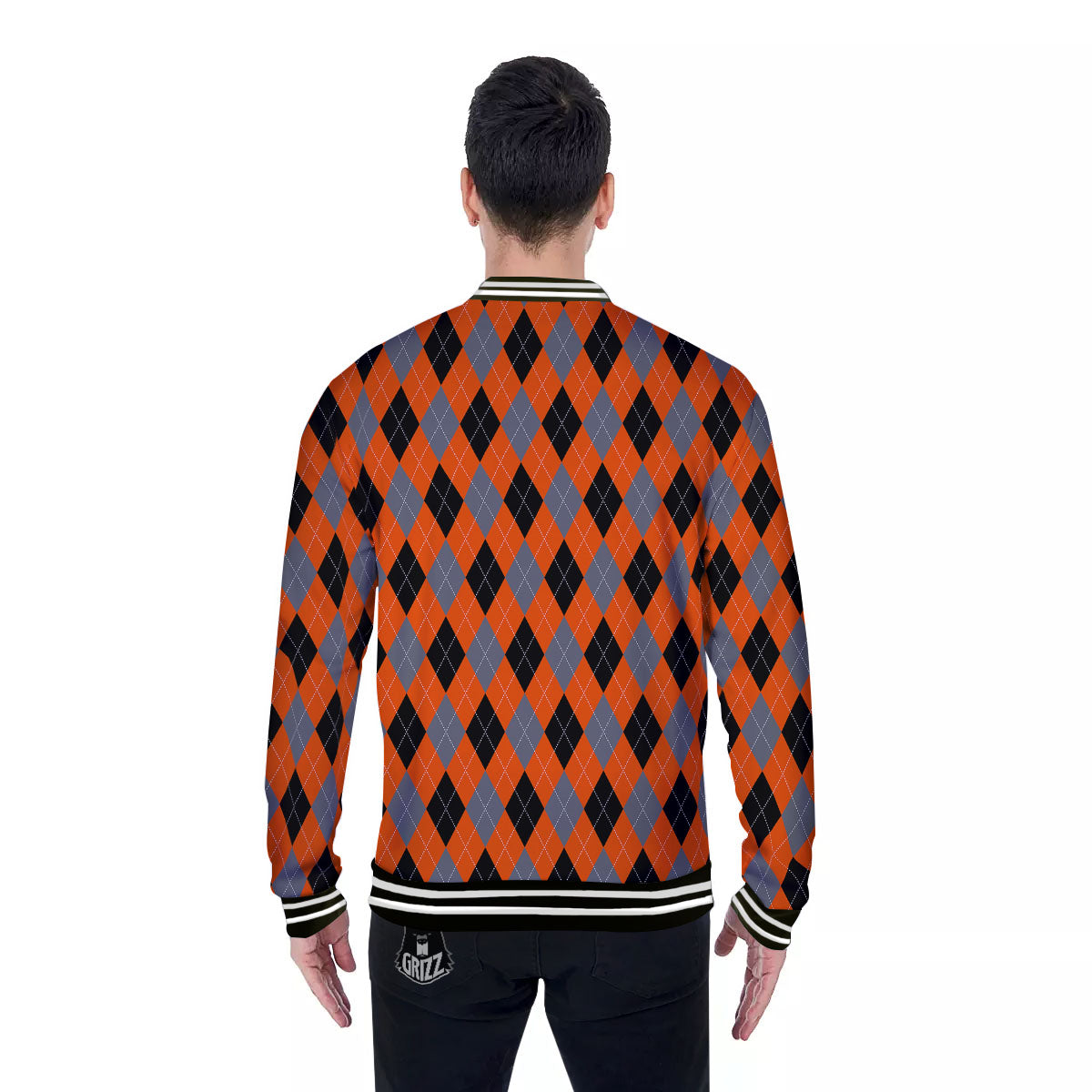 Black Orange And Grey Argyle Print Pattern Baseball Jacket-grizzshop