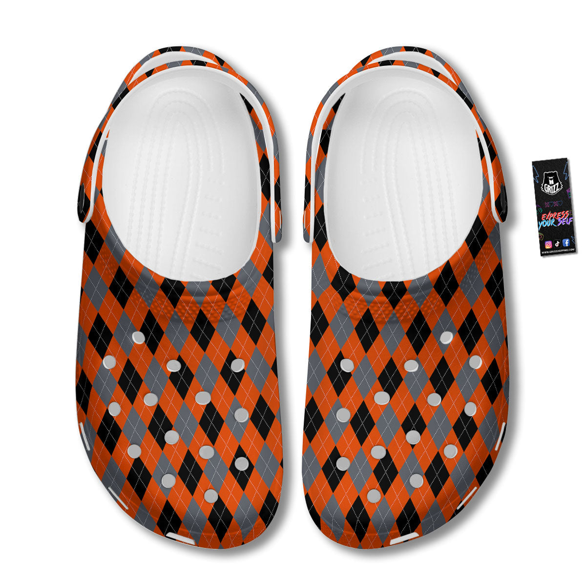Black Orange And Grey Argyle Print Pattern Clog-grizzshop