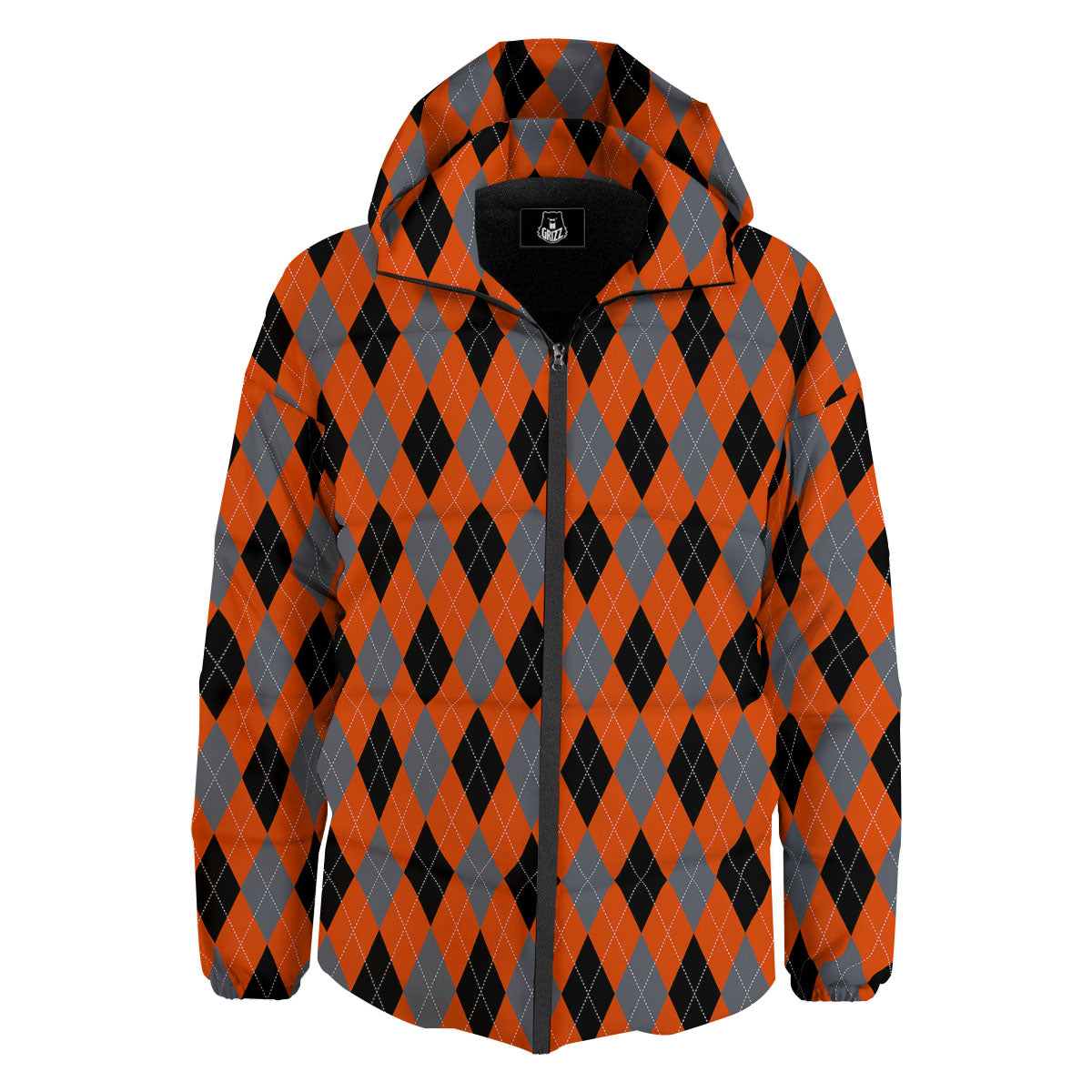 Black Orange And Grey Argyle Print Pattern Down Jacket-grizzshop