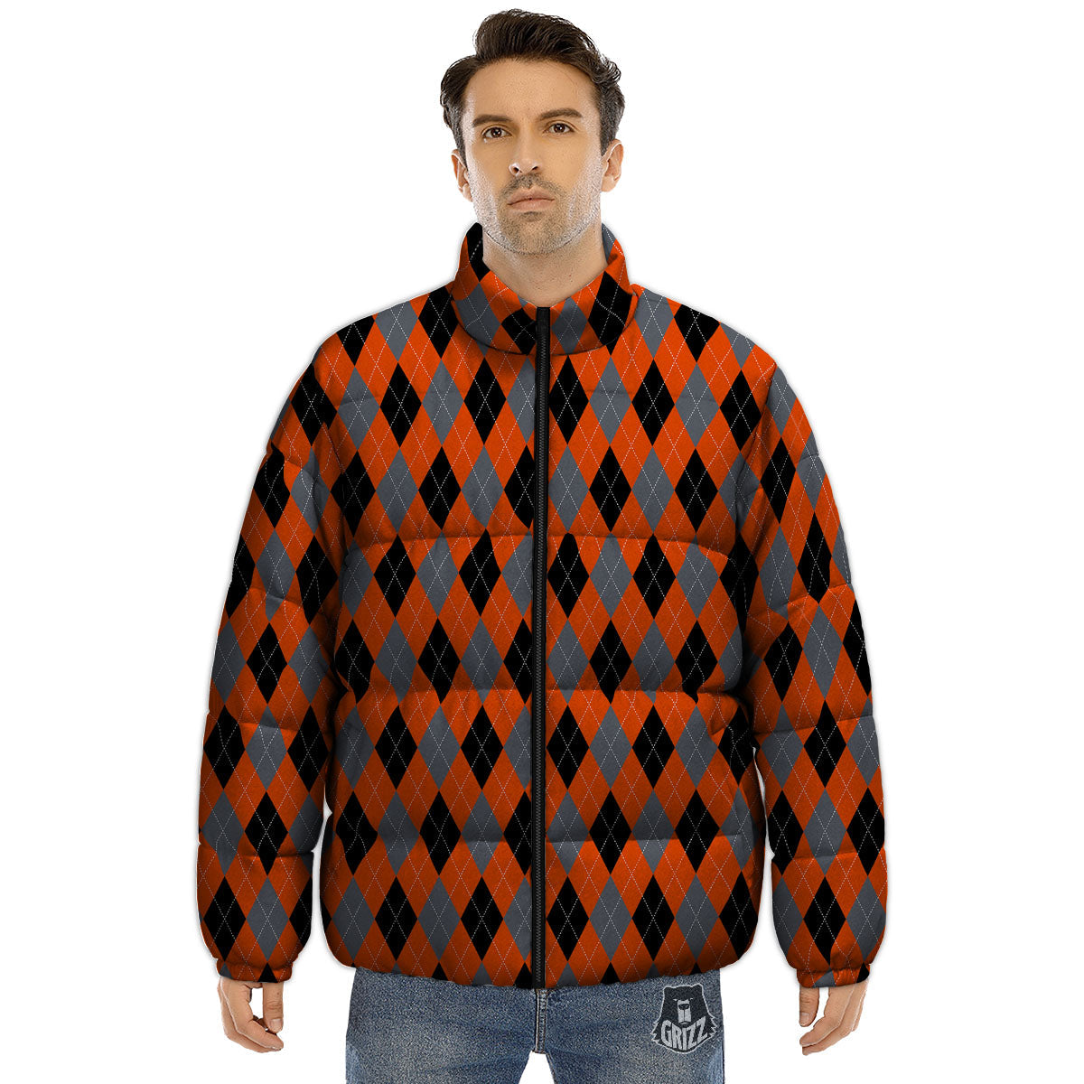 Black Orange And Grey Argyle Print Pattern Puffer Jacket-grizzshop