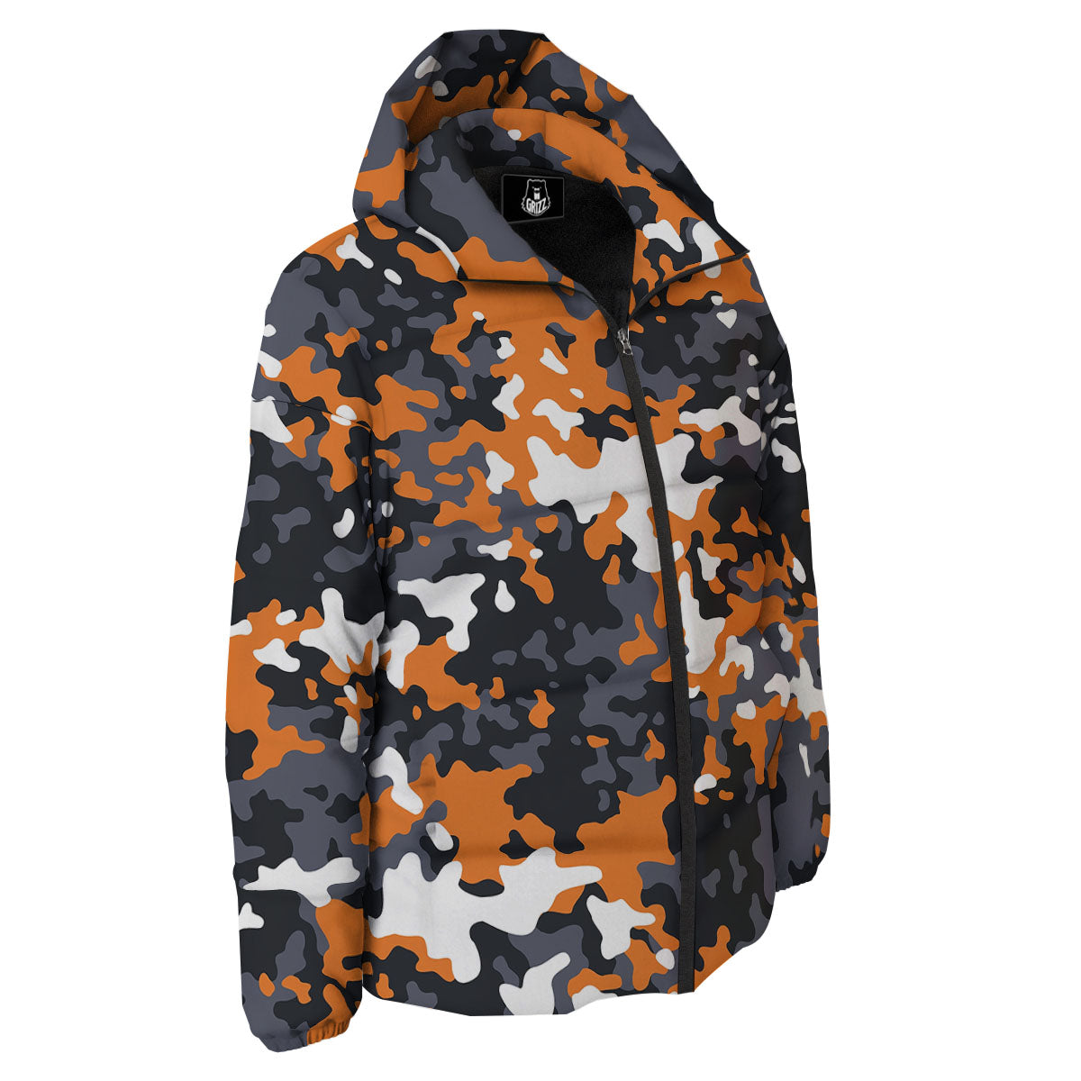 Black Orange And Grey Camouflage Print Down Jacket-grizzshop