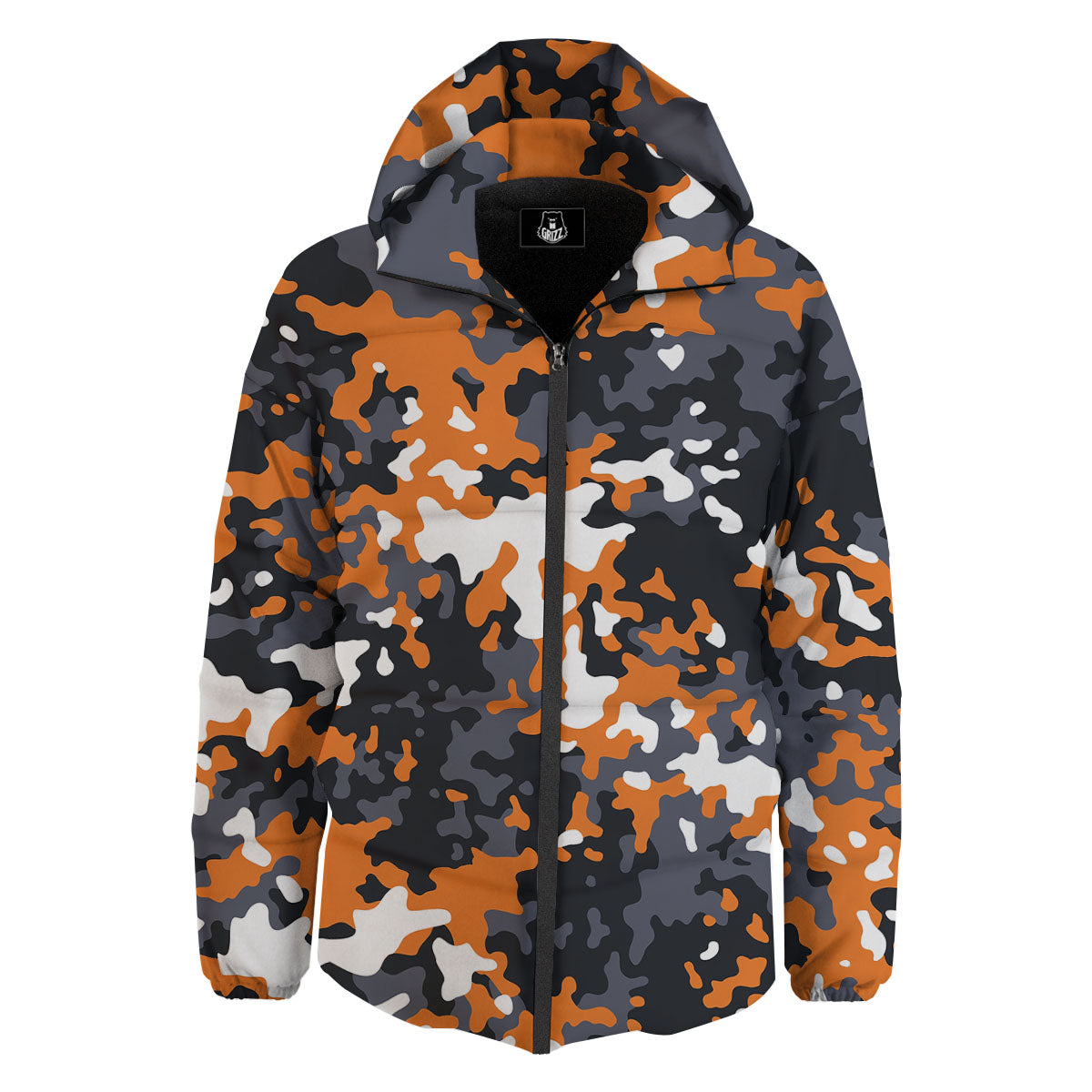 Black Orange And Grey Camouflage Print Down Jacket-grizzshop