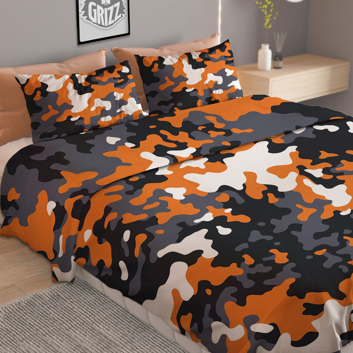 Black Orange And Grey Camouflage Print Duvet Cover Bedding Set