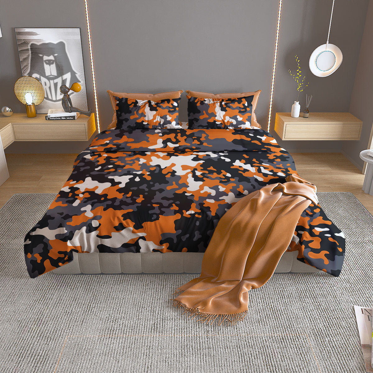 Black Orange And Grey Camouflage Print Duvet Cover Bedding Set