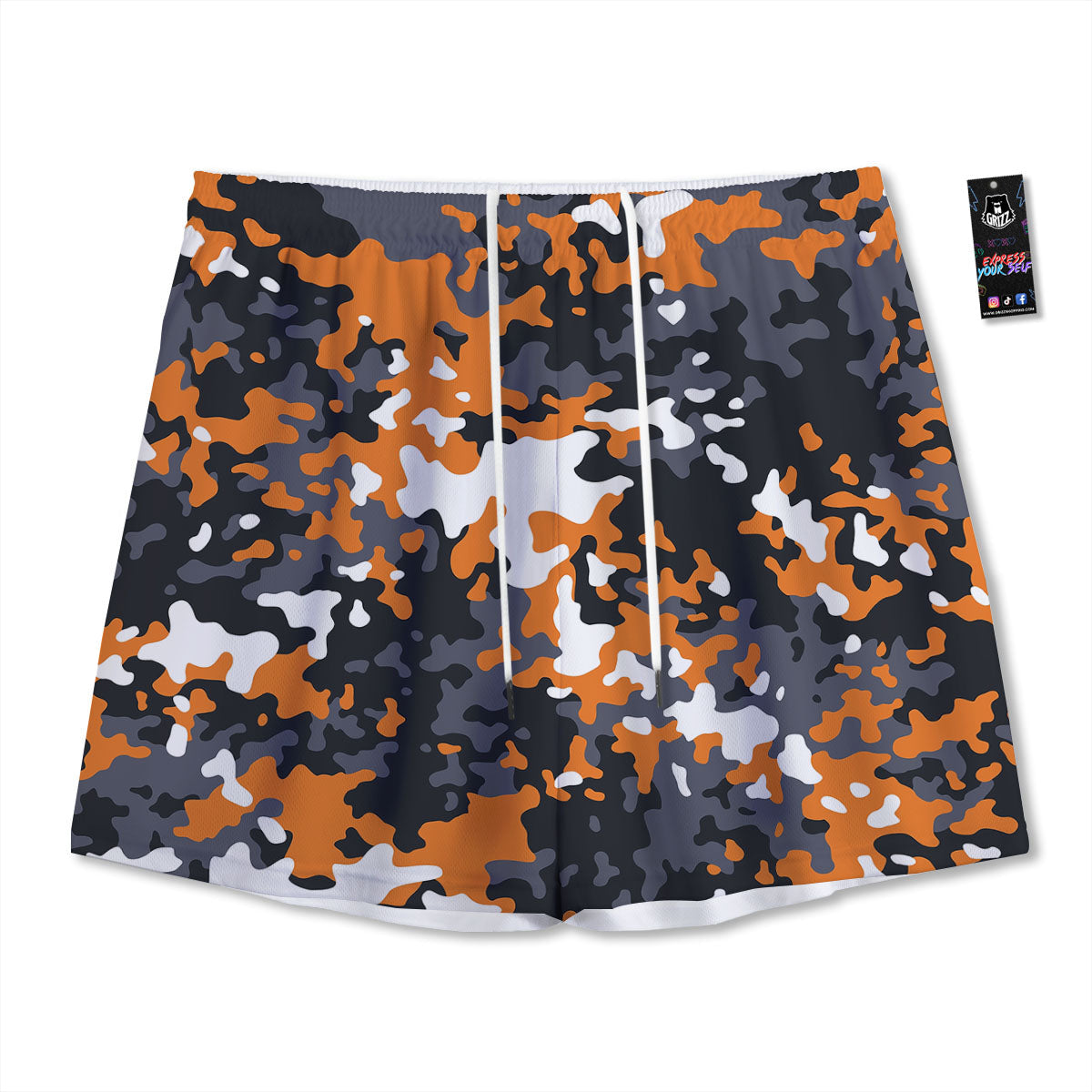 Black Orange And Grey Camouflage Print Mesh Shorts