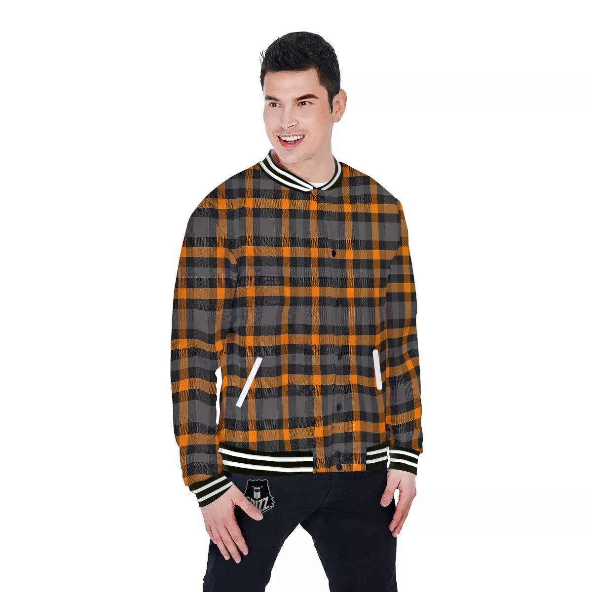 Black Orange And Grey Plaid Print Pattern Baseball Jacket-grizzshop