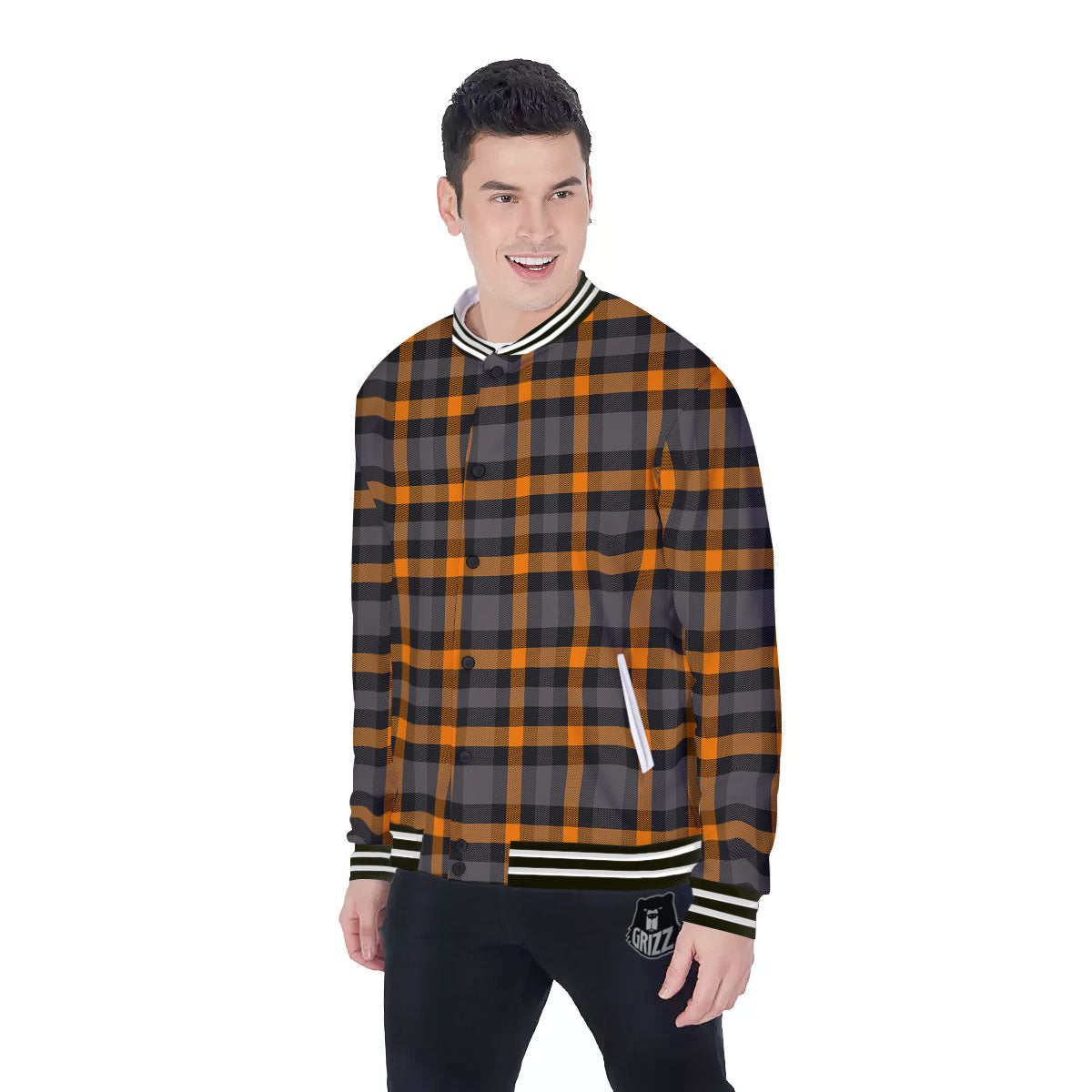 Black Orange And Grey Plaid Print Pattern Baseball Jacket-grizzshop