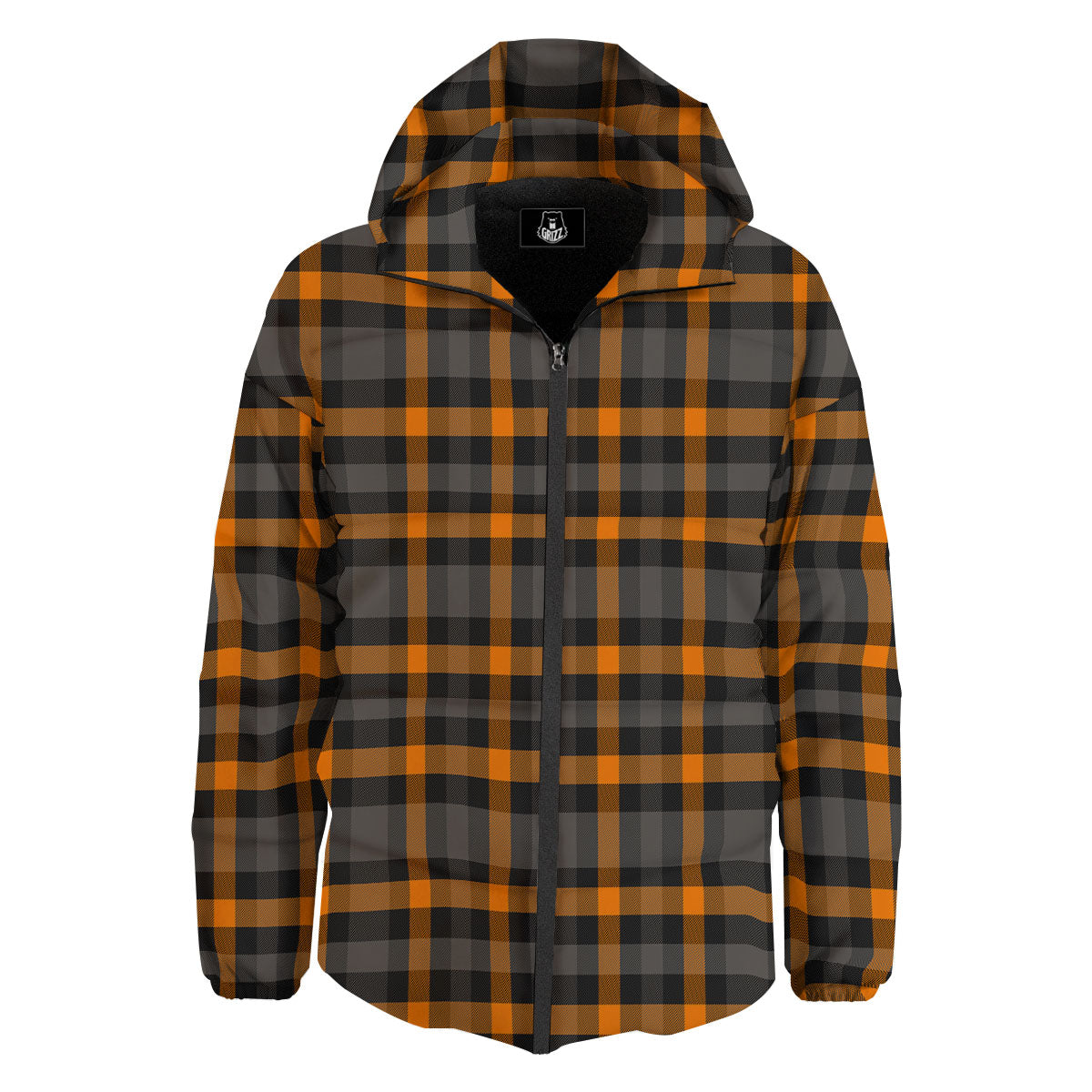 Black Orange And Grey Plaid Print Pattern Down Jacket-grizzshop