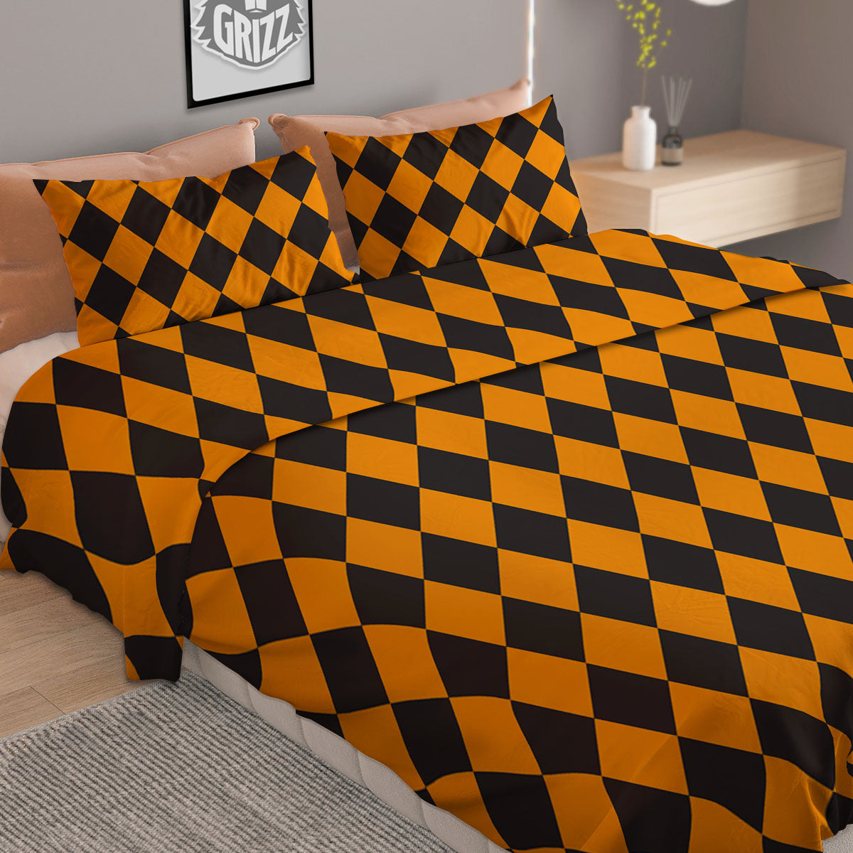 Black Orange And White Harlequin Print Duvet Cover Bedding Set
