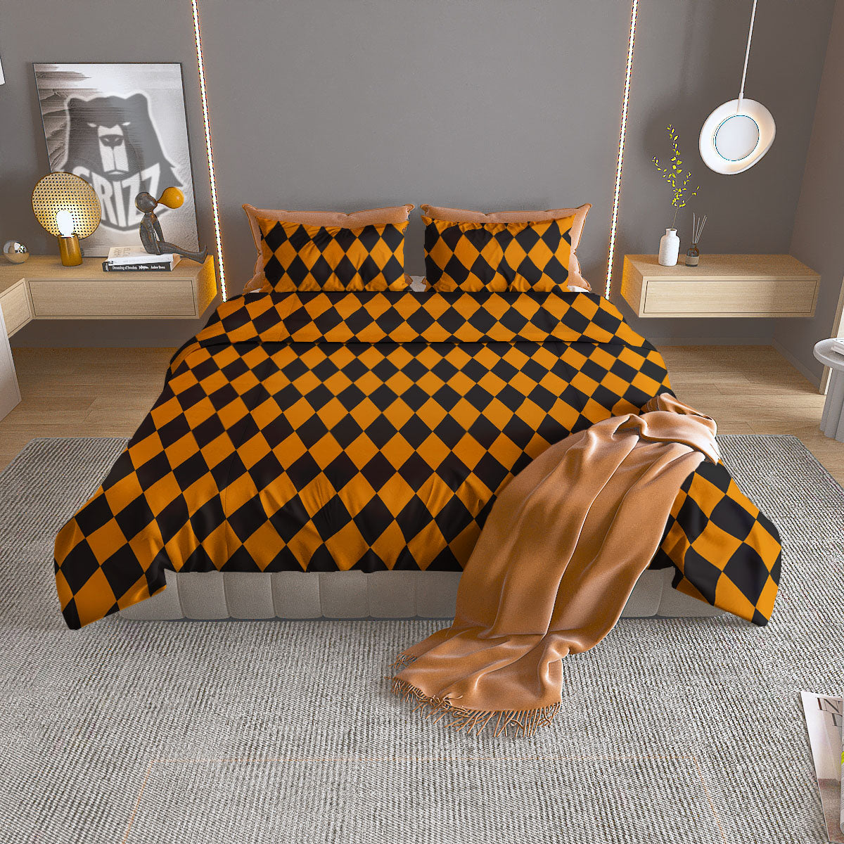 Black Orange And White Harlequin Print Duvet Cover Bedding Set