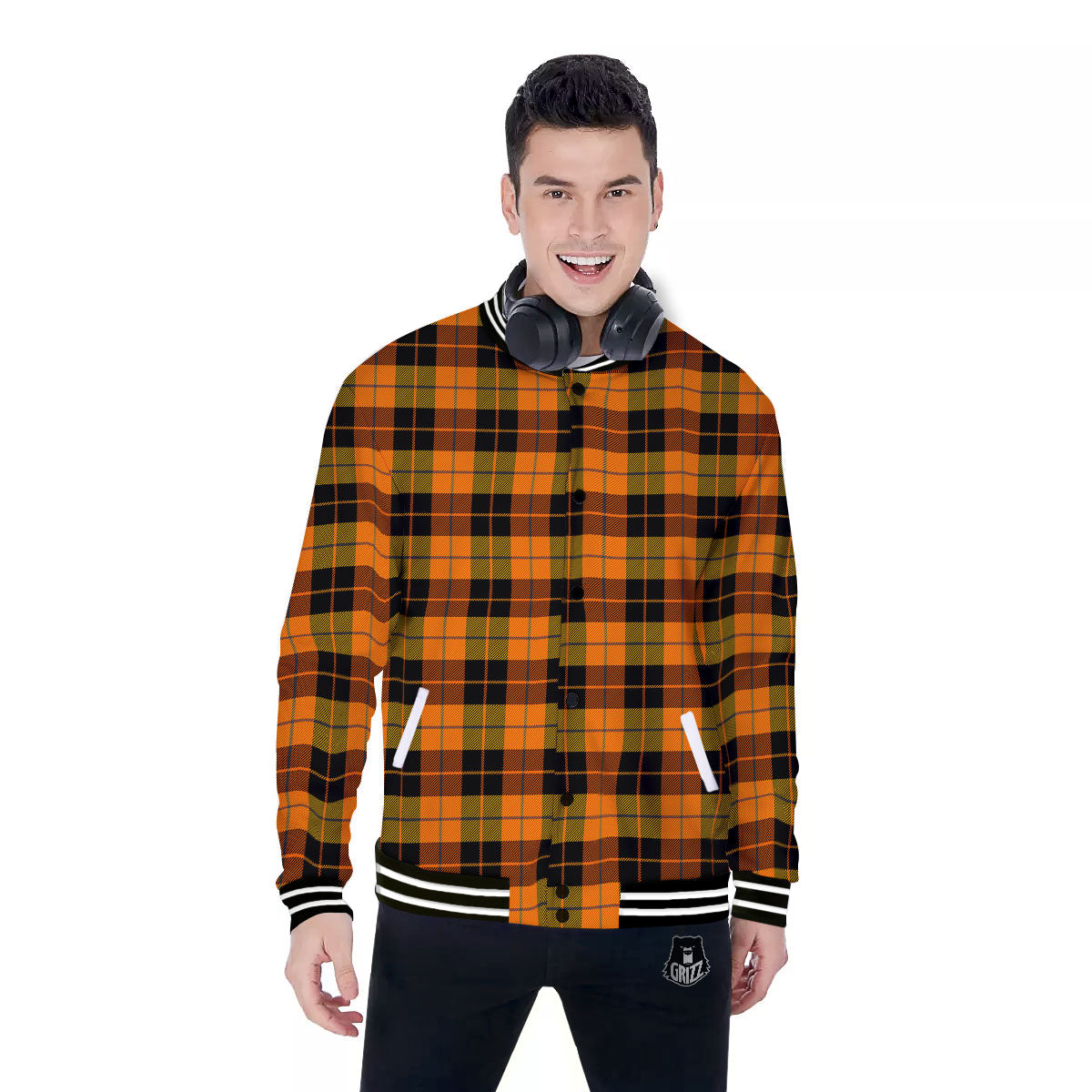 Black Orange And Yellow Tartan Print Pattern Baseball Jacket-grizzshop