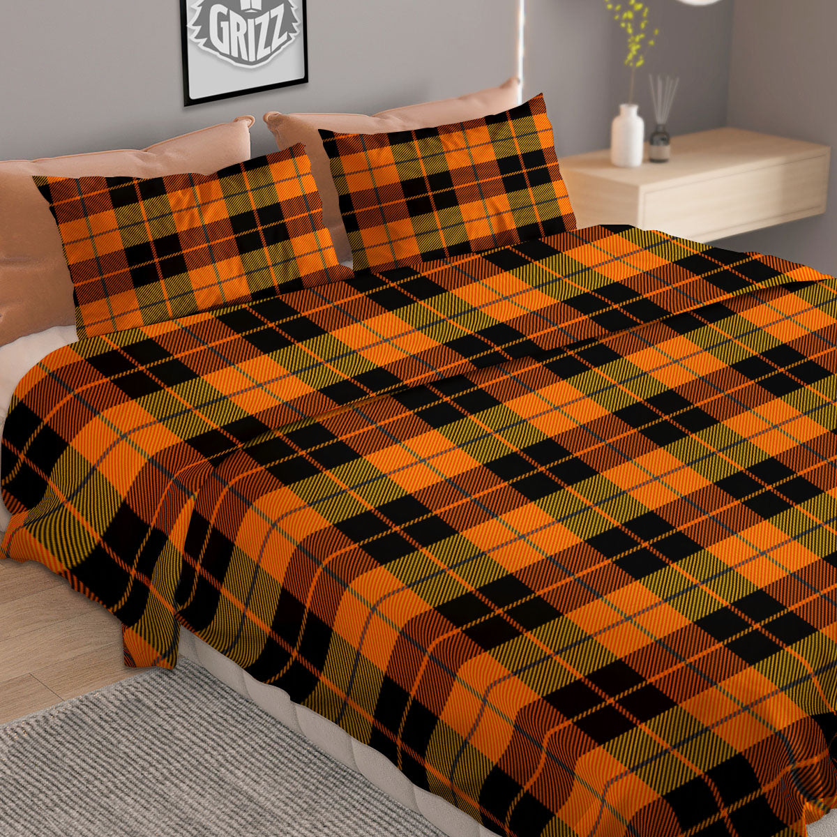 Black Orange And Yellow Tartan Print Pattern Duvet Cover Bedding Set
