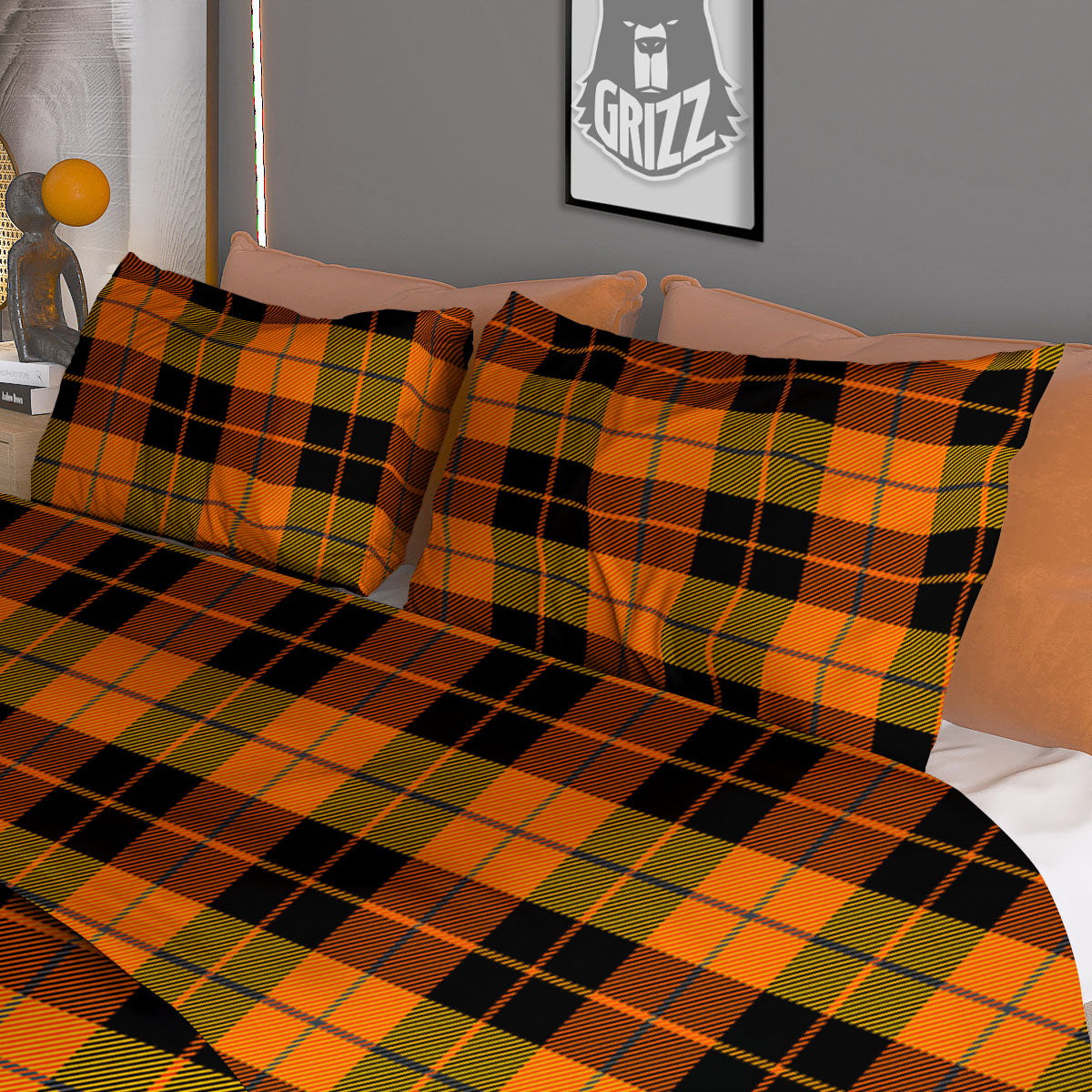 Black Orange And Yellow Tartan Print Pattern Duvet Cover Bedding Set