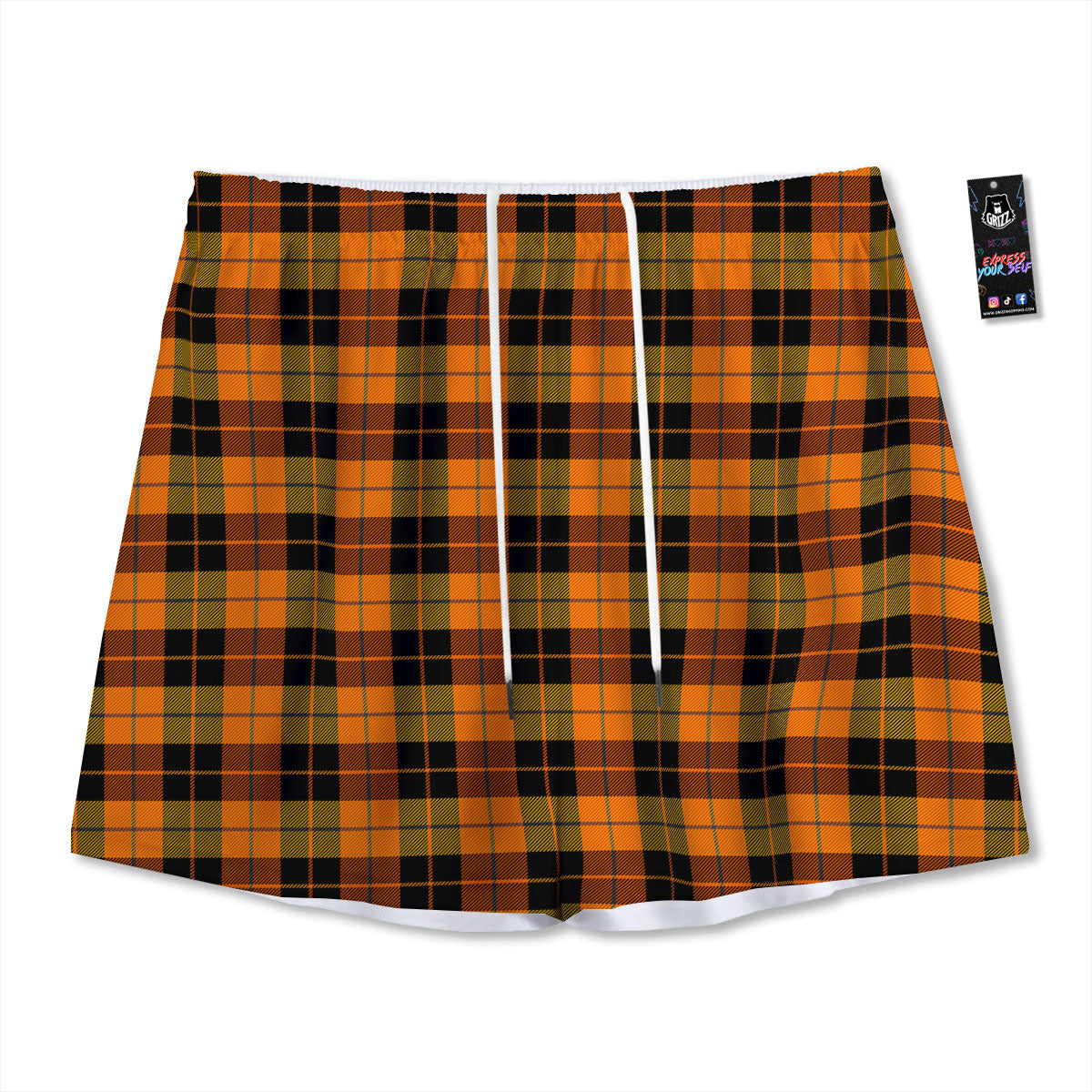 Black Orange And Yellow Tartan Print Pattern Mesh Shorts