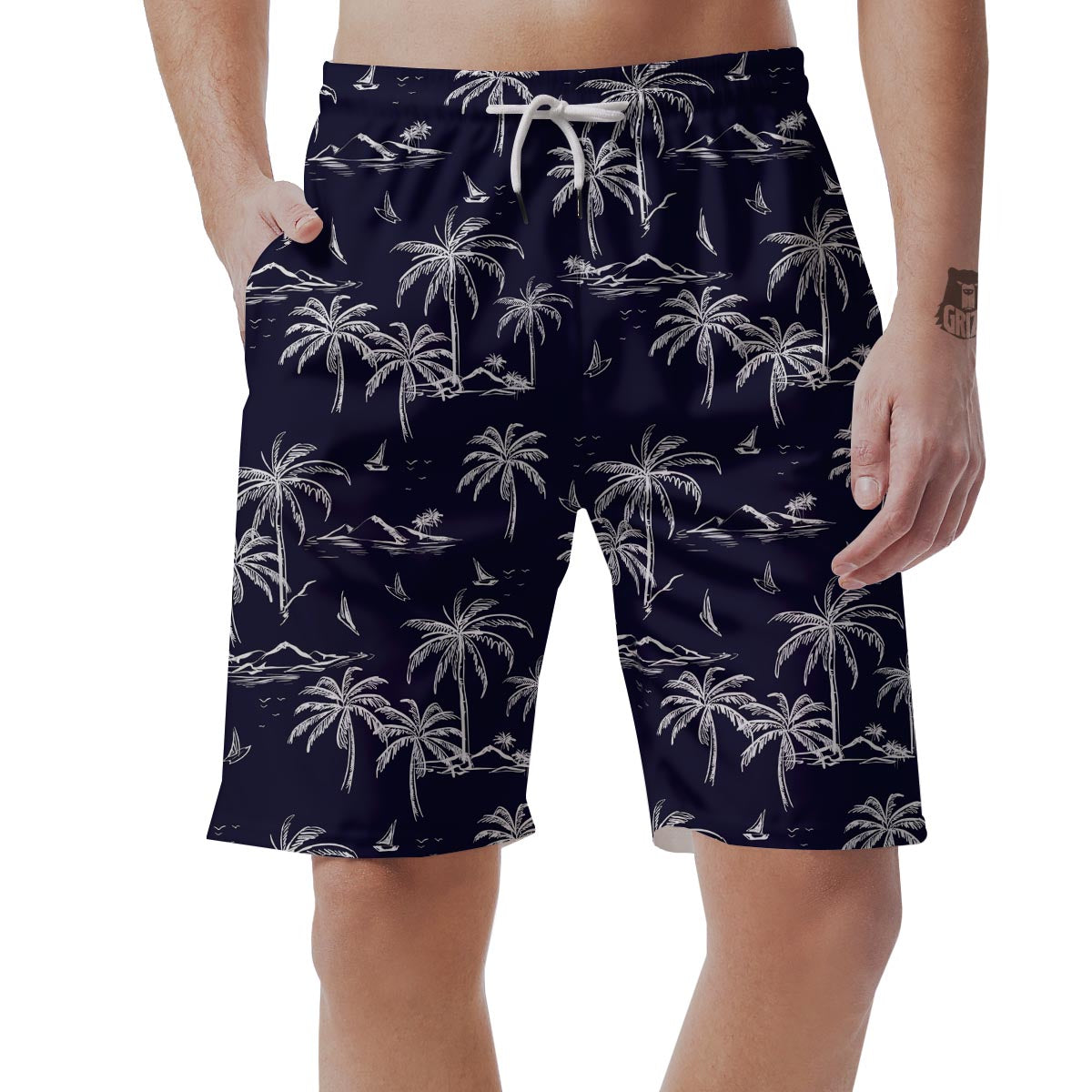 Black Palm Tree Hawaiian Print Men's Shorts-grizzshop