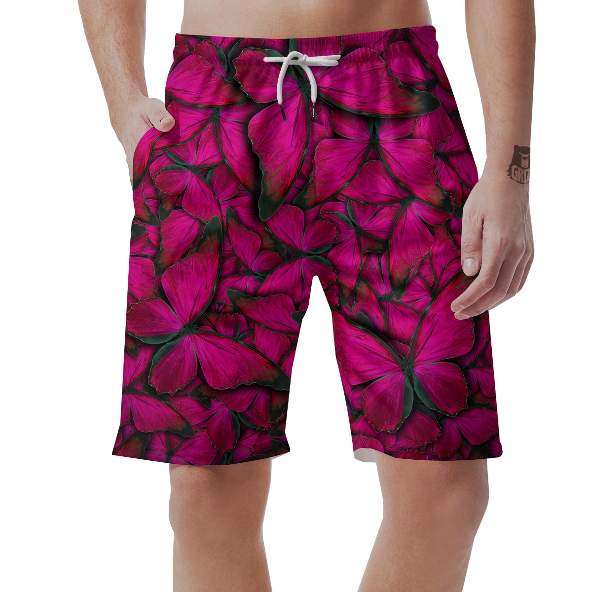 Black Pink Butterfly Print Men's Shorts-grizzshop