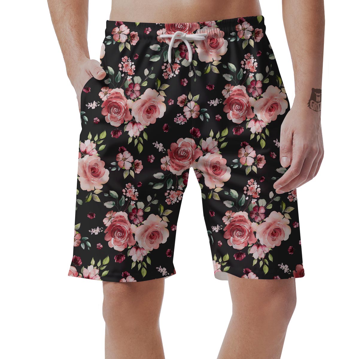 Black Pink Rose Flower Print Men's Shorts-grizzshop