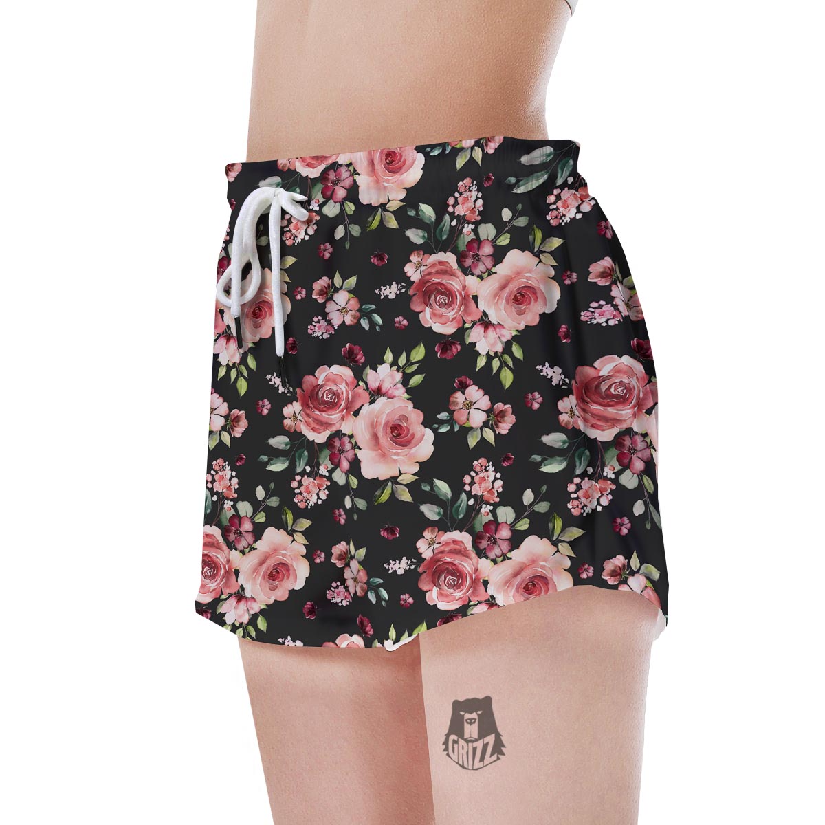 Black Pink Rose Flower Print Women's Shorts-grizzshop