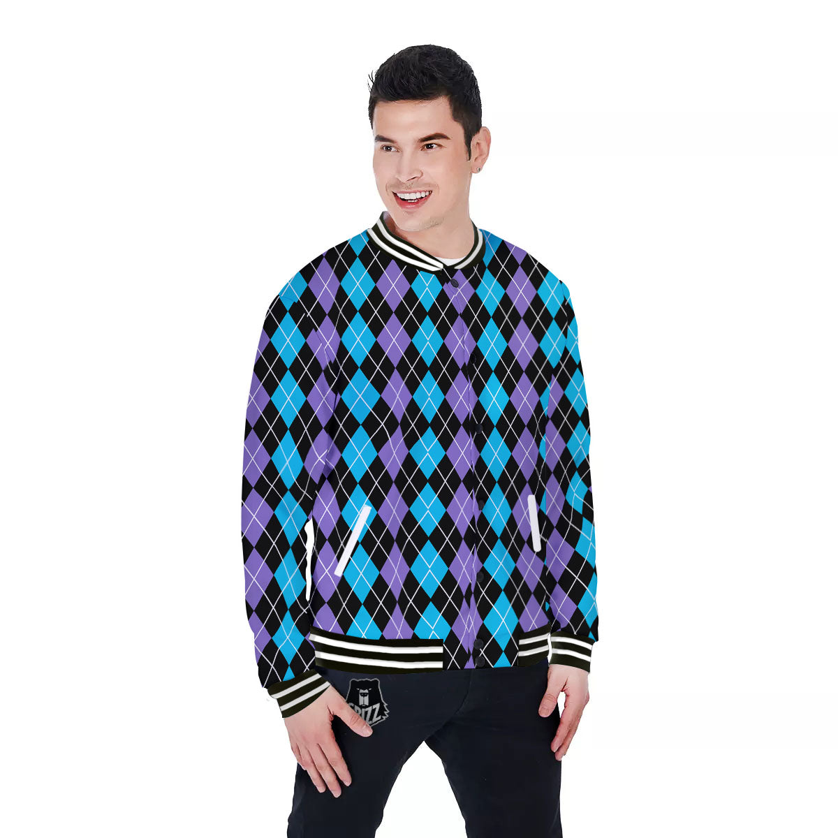 Black Purple And Blue Argyle Print Pattern Baseball Jacket-grizzshop