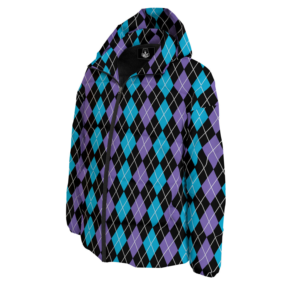 Black Purple And Blue Argyle Print Pattern Down Jacket-grizzshop