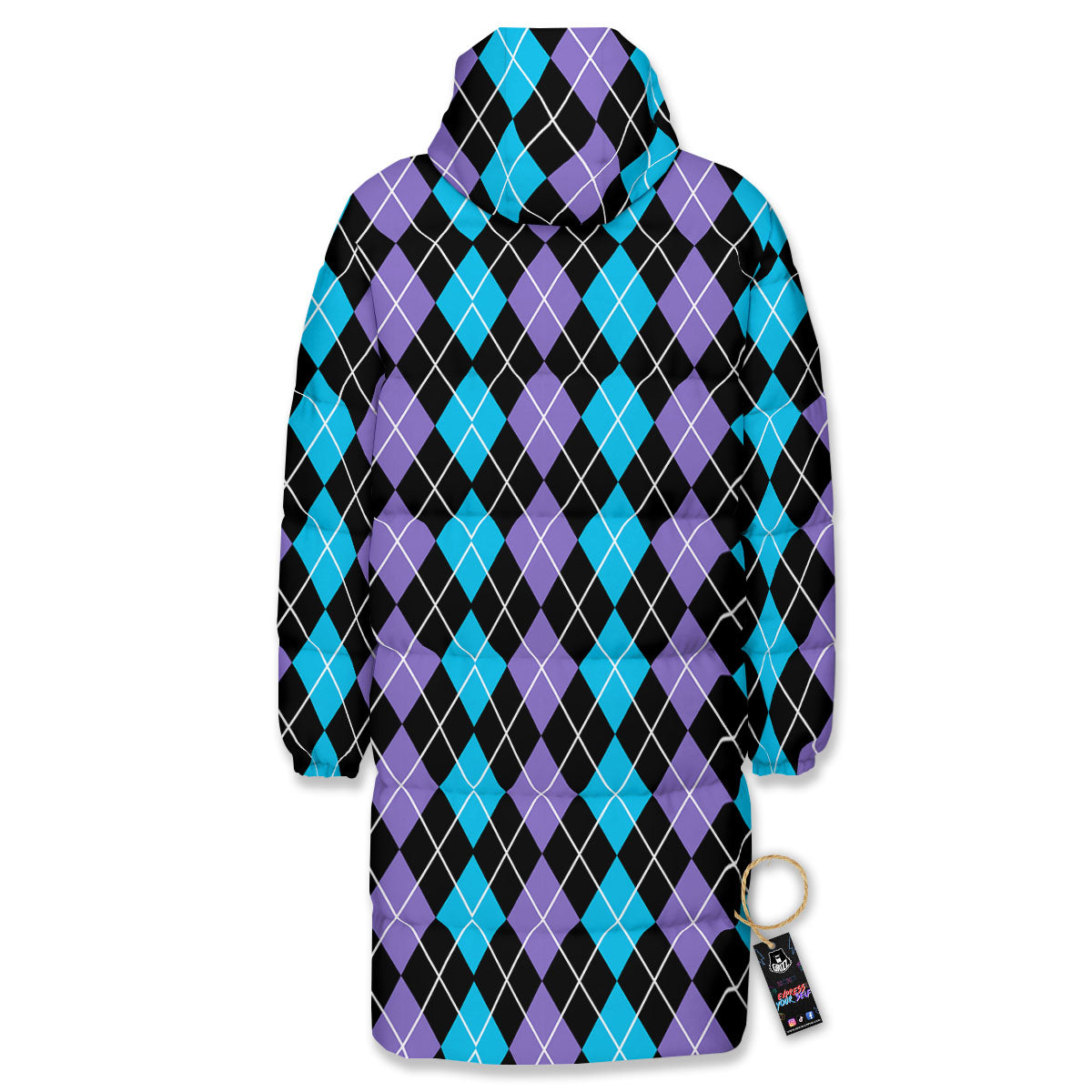 Black Purple And Blue Argyle Print Pattern Long Down Jacket-grizzshop