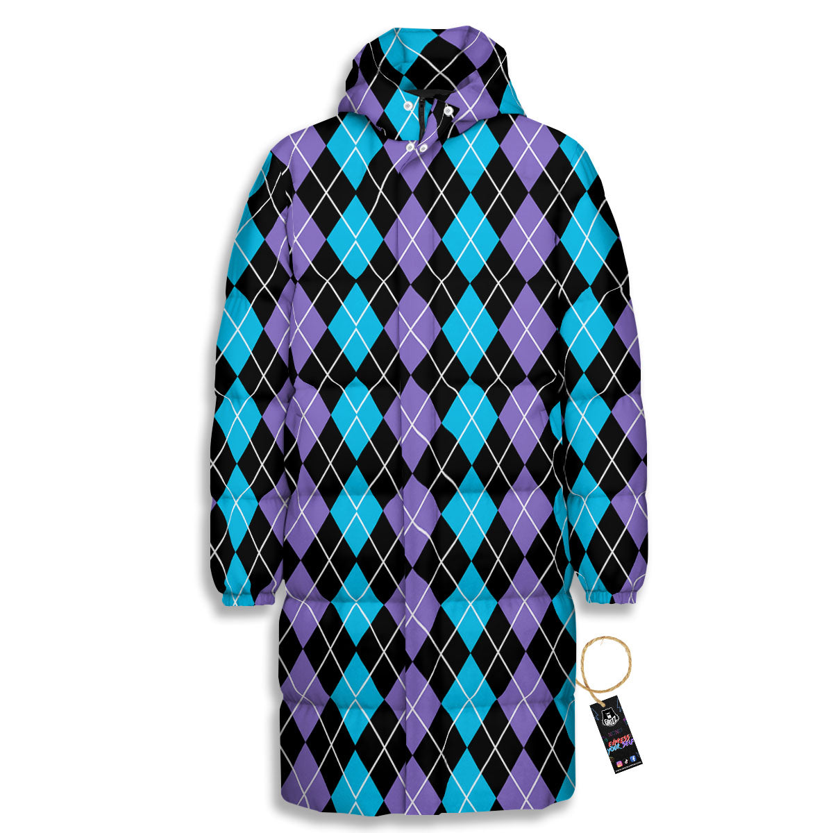 Black Purple And Blue Argyle Print Pattern Long Down Jacket-grizzshop