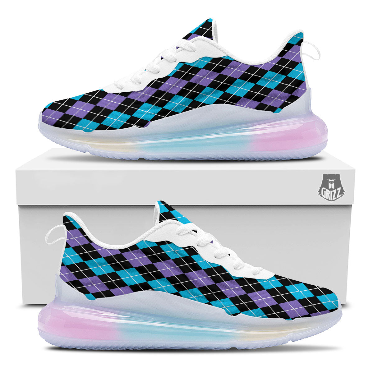 Black Purple And Blue Argyle Print Pattern Running Sneakers-grizzshop