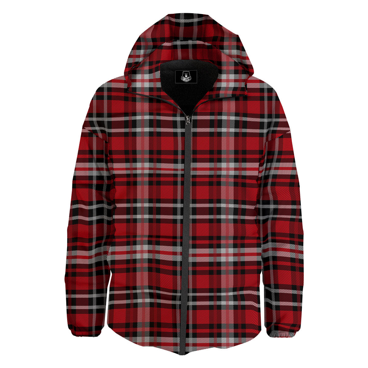 Black Red And White Tartan Print Pattern Down Jacket-grizzshop