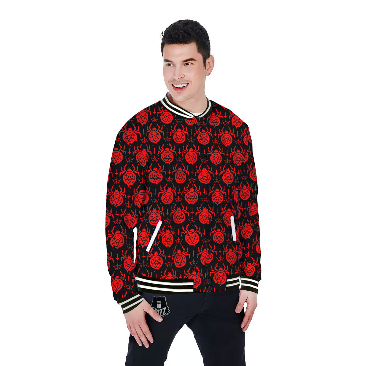 Black Red Spider Pentagram Print Pattern Baseball Jacket-grizzshop